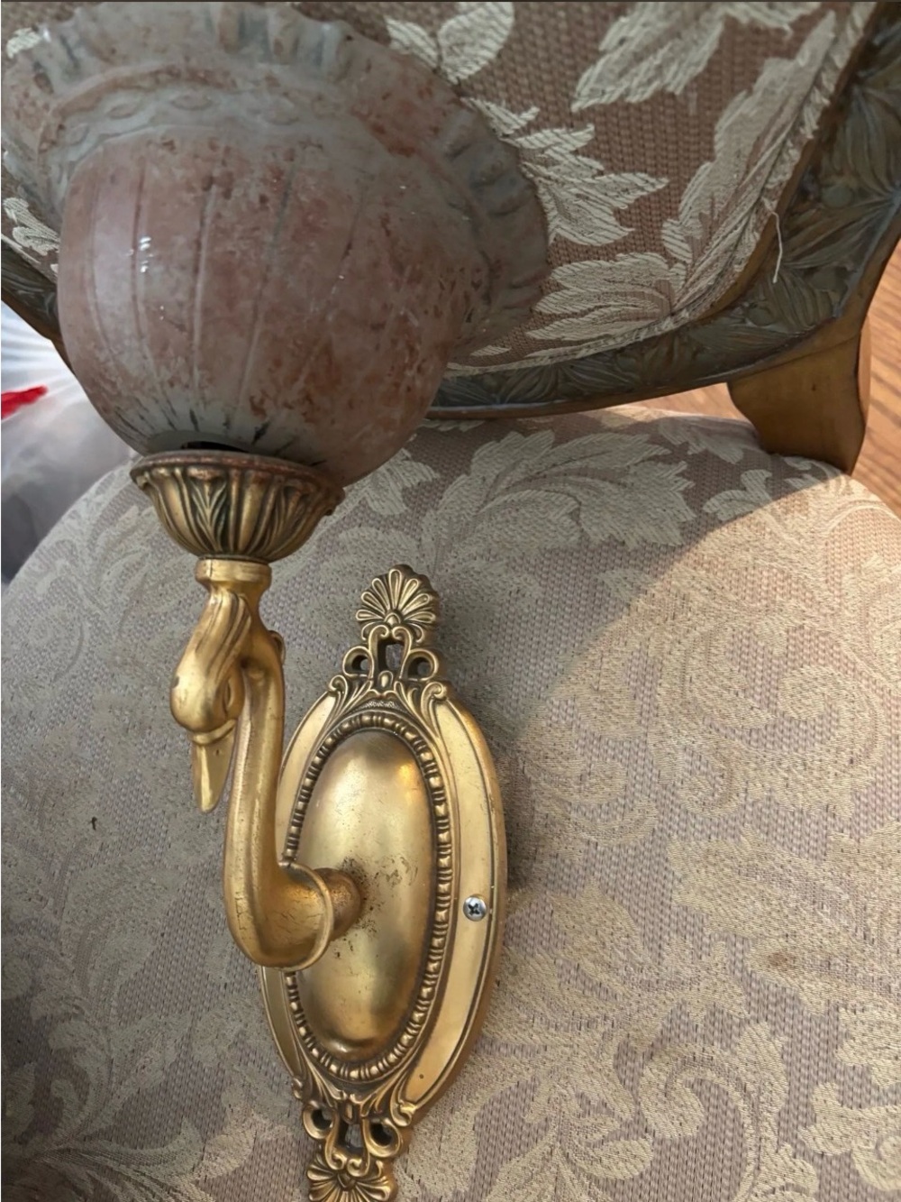 Ornate Brass Swan Wall Sconce with Frosted Pink Glass Shade Electric